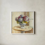 Summer Hydrangea by Danhui Nai. Shown in a crisp white glass frame for a clean and minimalist style. Available as an archival giclee rolled canvas, fine art paper, or poster print. SKU 93151a.