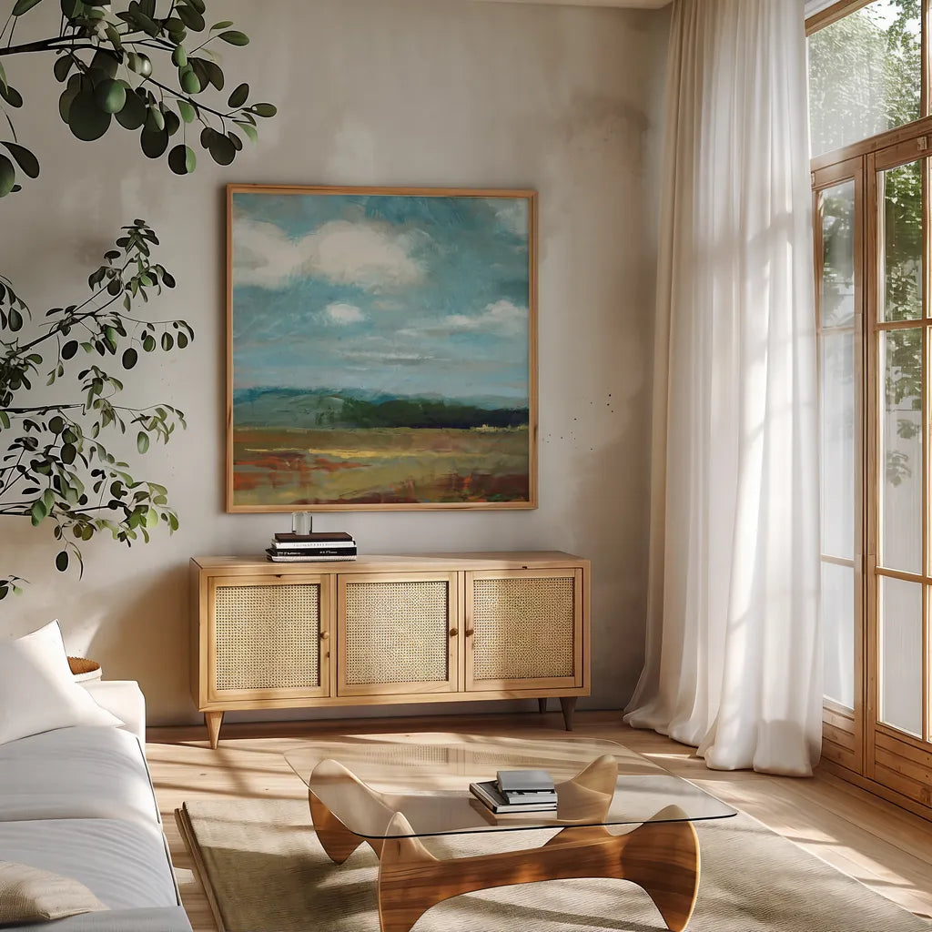 Summer Moment by Danhui Nai. Shown in a natural wood frame in a cozy modern living room. Available as an archival giclee rolled canvas, fine art paper, or poster print. SKU 79292a.