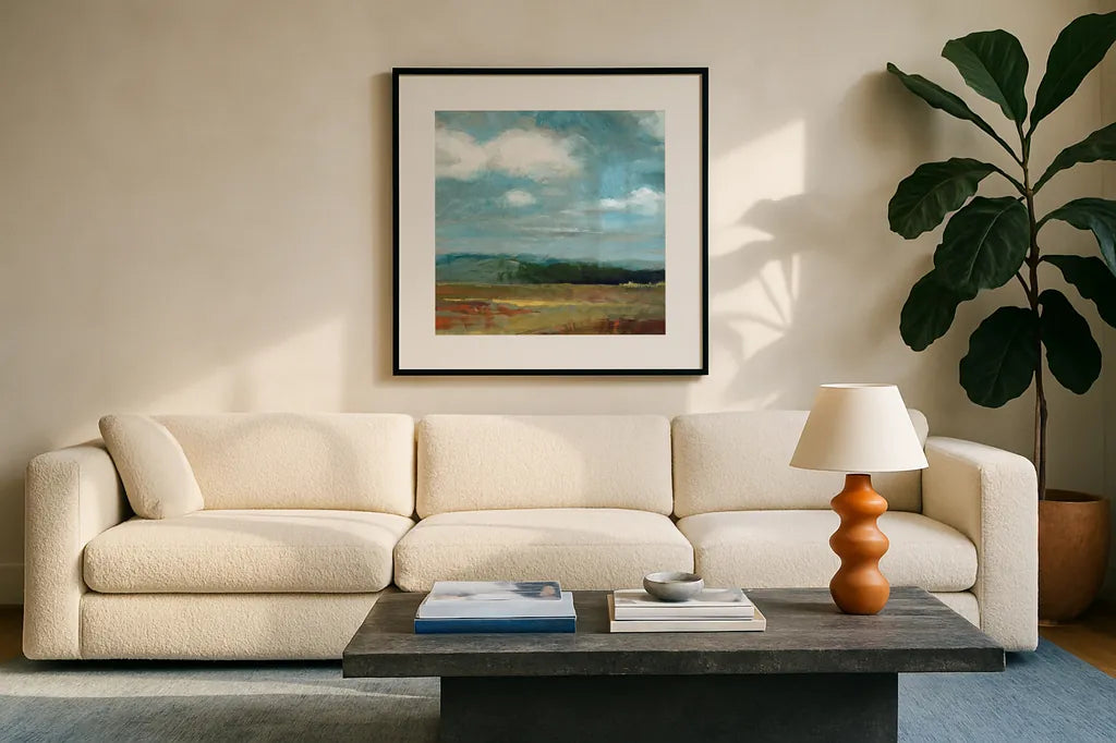 Summer Moment by Danhui Nai. Displayed in a glass frame with matte in a clean modern living room. Available as an archival giclee rolled canvas, fine art paper, or poster print. SKU 79292a.