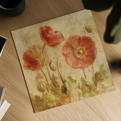 Summer Poppies I by Danhui Nai. Shown as a detailed flat fine art print, highlighting archival giclee quality. Available as an archival giclee rolled canvas, fine art paper, or poster print. SKU 9384a.