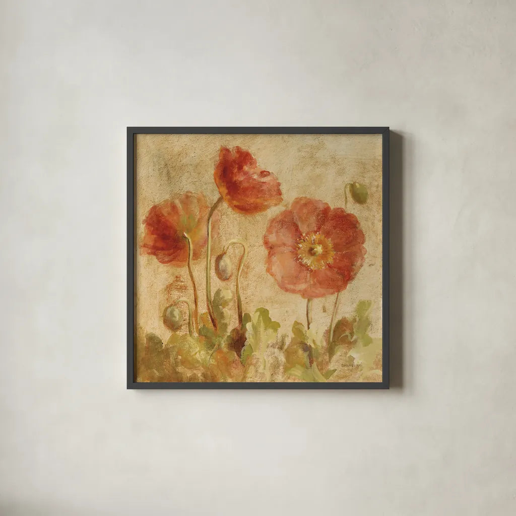 Summer Poppies I by Danhui Nai. Shown in a sleek black glass frame for a contemporary gallery look. Available as an archival giclee rolled canvas, fine art paper, or poster print. SKU 9384a.