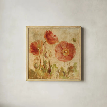 Summer Poppies I by Danhui Nai. Shown in a natural wood glass frame for a timeless modern aesthetic. Available as an archival giclee rolled canvas, fine art paper, or poster print. SKU 9384a.