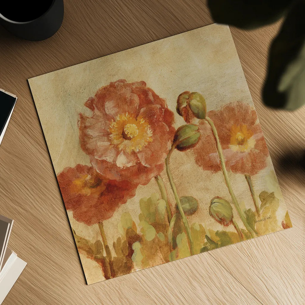 Summer Poppies II by Danhui Nai. Shown as a detailed flat fine art print, highlighting archival giclee quality. Available as an archival giclee rolled canvas, fine art paper, or poster print. SKU 9385a.