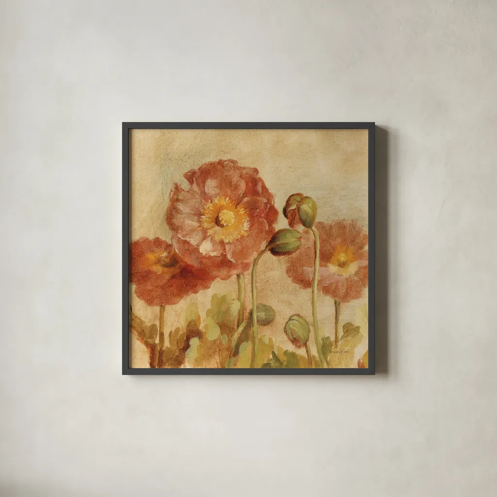 Summer Poppies II by Danhui Nai. Shown in a sleek black glass frame for a contemporary gallery look. Available as an archival giclee rolled canvas, fine art paper, or poster print. SKU 9385a.