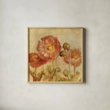 Summer Poppies II by Danhui Nai. Shown in a natural wood glass frame for a timeless modern aesthetic. Available as an archival giclee rolled canvas, fine art paper, or poster print. SKU 9385a.