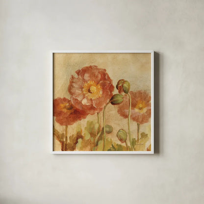 Summer Poppies II by Danhui Nai. Shown in a crisp white glass frame for a clean and minimalist style. Available as an archival giclee rolled canvas, fine art paper, or poster print. SKU 9385a.