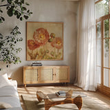 Summer Poppies II by Danhui Nai. Shown in a natural wood frame in a cozy modern living room. Available as an archival giclee rolled canvas, fine art paper, or poster print. SKU 9385a.