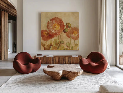Summer Poppies II by Danhui Nai. Shown as extra-large giant wall art in a modern living room. Available as an archival giclee rolled canvas, fine art paper, or poster print. SKU 9385a.
