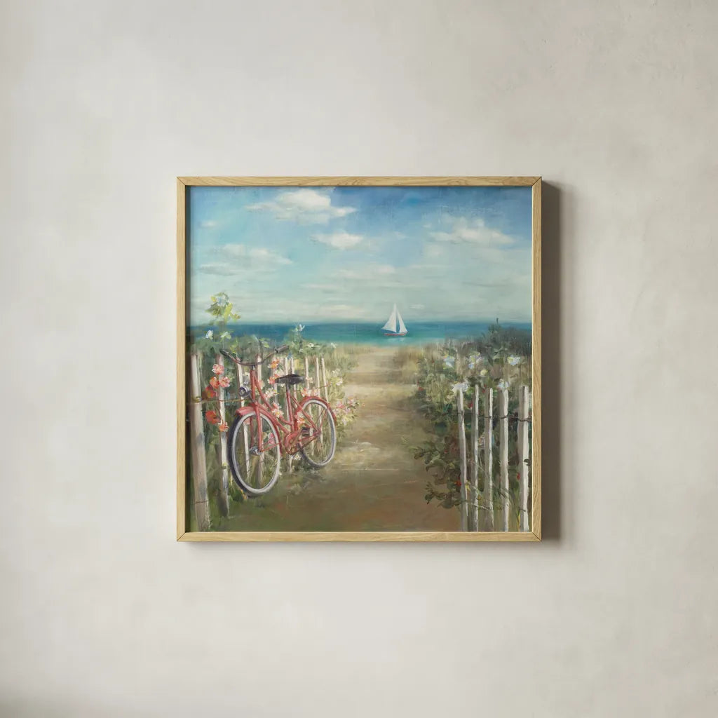 Summer Ride by Danhui Nai. Shown in a natural wood glass frame for a timeless modern aesthetic. Available as an archival giclee rolled canvas, fine art paper, or poster print. SKU 11676a.