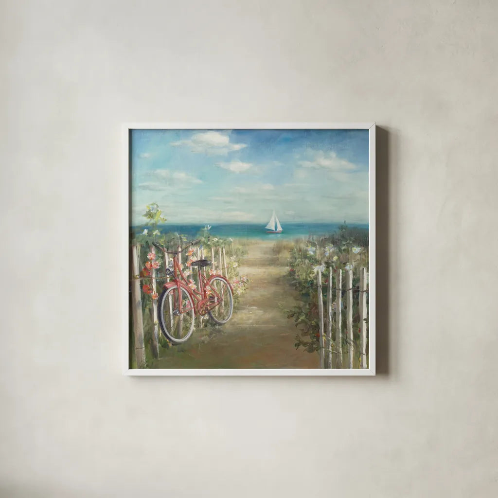 Summer Ride by Danhui Nai. Shown in a crisp white glass frame for a clean and minimalist style. Available as an archival giclee rolled canvas, fine art paper, or poster print. SKU 11676a.