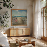 Summer Ride by Danhui Nai. Shown in a natural wood frame in a cozy modern living room. Available as an archival giclee rolled canvas, fine art paper, or poster print. SKU 11676a.