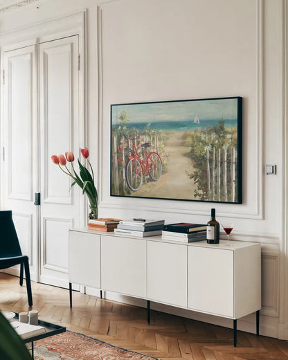 Summer Ride Crop by Danhui Nai. shown as a framed stretched canvas in a living room above a console. Available as a archival giclee rolled canvas, fine art paper, or poster print. SKU 15207i.
