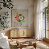 Summer Treasures I by Danhui Nai. Shown in a natural wood frame in a cozy modern living room. Available as an archival giclee rolled canvas, fine art paper, or poster print. SKU 20715a.