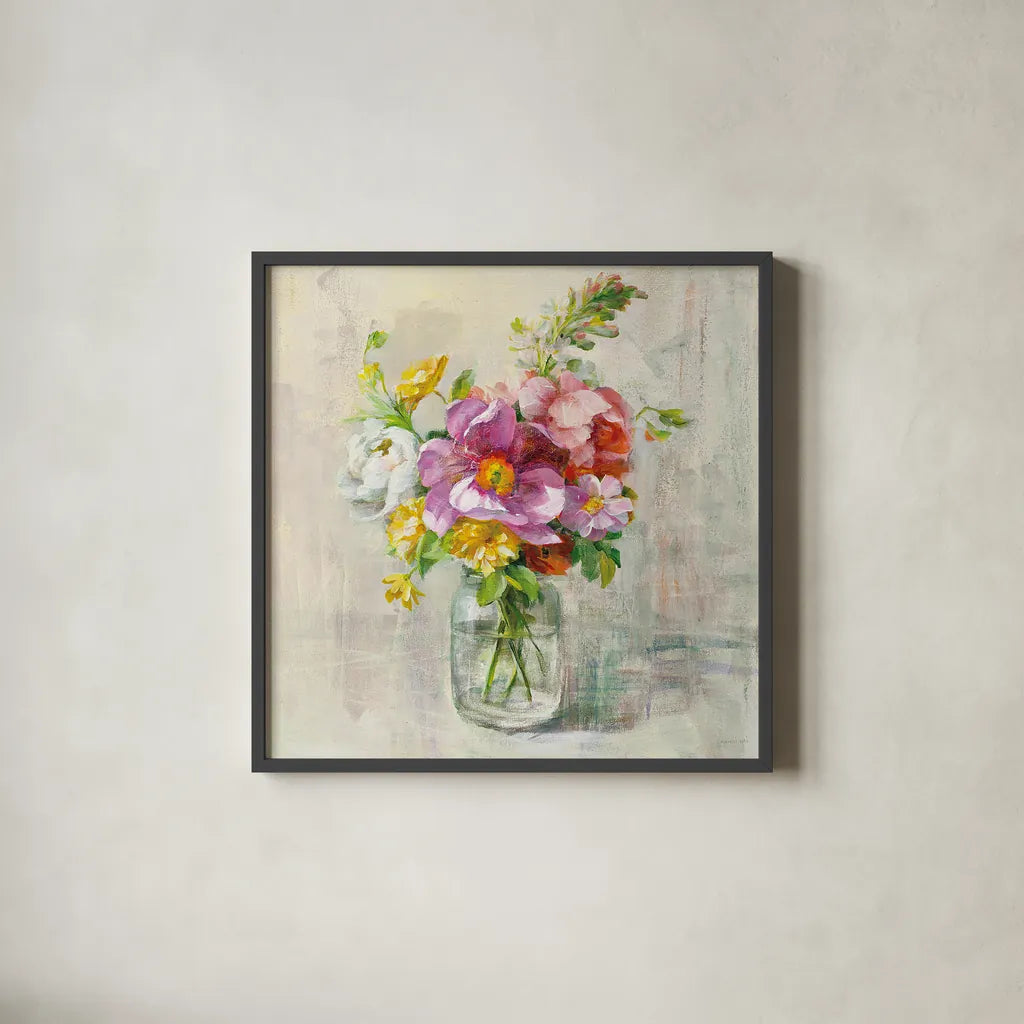 Summer Treasures II by Danhui Nai. Shown in a sleek black glass frame for a contemporary gallery look. Available as an archival giclee rolled canvas, fine art paper, or poster print. SKU 20716a.