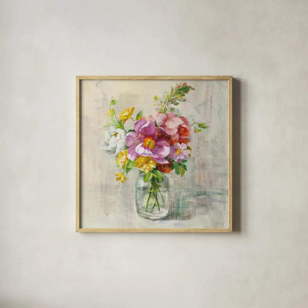 Summer Treasures II by Danhui Nai. Shown in a natural wood glass frame for a timeless modern aesthetic. Available as an archival giclee rolled canvas, fine art paper, or poster print. SKU 20716a.