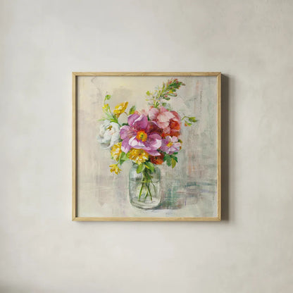 Summer Treasures II by Danhui Nai. Shown in a natural wood glass frame for a timeless modern aesthetic. Available as an archival giclee rolled canvas, fine art paper, or poster print. SKU 20716a.