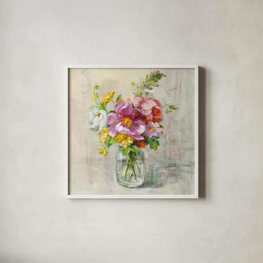 Summer Treasures II by Danhui Nai. Shown in a crisp white glass frame for a clean and minimalist style. Available as an archival giclee rolled canvas, fine art paper, or poster print. SKU 20716a.