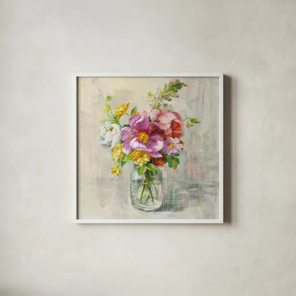 Summer Treasures II by Danhui Nai. Shown in a crisp white glass frame for a clean and minimalist style. Available as an archival giclee rolled canvas, fine art paper, or poster print. SKU 20716a.