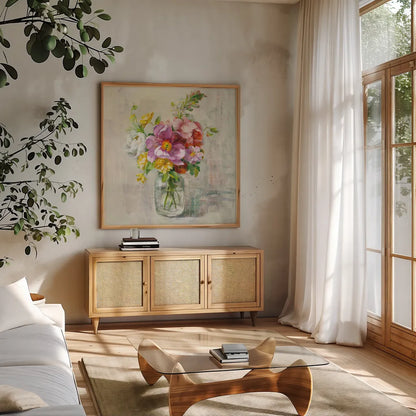 Summer Treasures II by Danhui Nai. Shown in a natural wood frame in a cozy modern living room. Available as an archival giclee rolled canvas, fine art paper, or poster print. SKU 20716a.