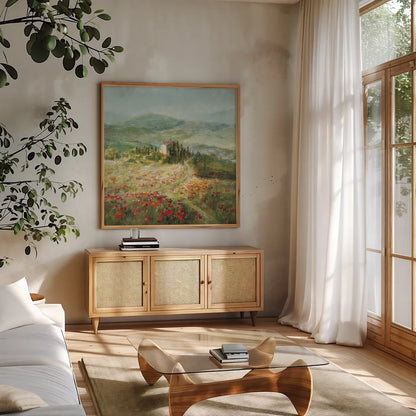 Summer in Provence by Danhui Nai. Shown in a natural wood frame in a cozy modern living room. Available as an archival giclee rolled canvas, fine art paper, or poster print. SKU 17804a.