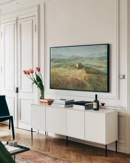 Summer in Provence by Danhui Nai. shown as a framed stretched canvas in a living room above a console. Available as a archival giclee rolled canvas, fine art paper, or poster print. SKU 17804i.