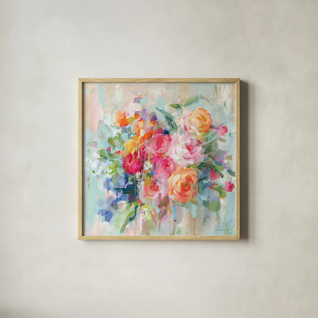 Sun Drenched Bouquet by Danhui Nai. Shown in a natural wood glass frame for a timeless modern aesthetic. Available as an archival giclee rolled canvas, fine art paper, or poster print. SKU 79148a.