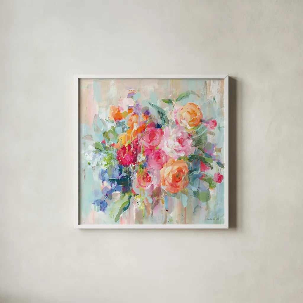 Sun Drenched Bouquet by Danhui Nai. Shown in a crisp white glass frame for a clean and minimalist style. Available as an archival giclee rolled canvas, fine art paper, or poster print. SKU 79148a.