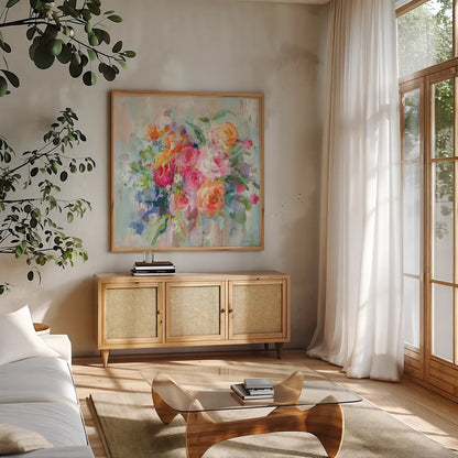 Sun Drenched Bouquet by Danhui Nai. Shown in a natural wood frame in a cozy modern living room. Available as an archival giclee rolled canvas, fine art paper, or poster print. SKU 79148a.