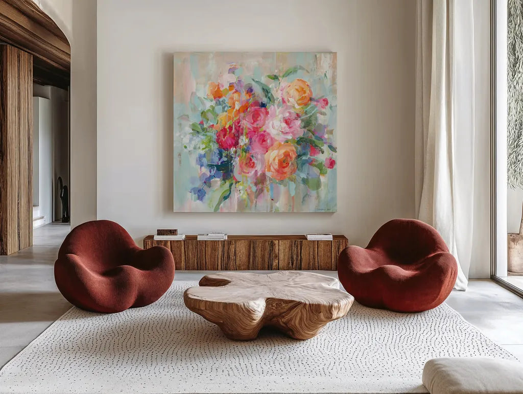 Sun Drenched Bouquet by Danhui Nai. Shown as extra-large giant wall art in a modern living room. Available as an archival giclee rolled canvas, fine art paper, or poster print. SKU 79148a.