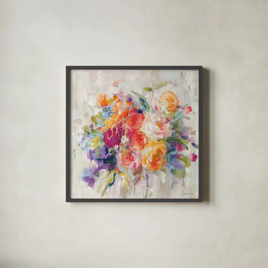 Sun Drenched Bouquet Autumn by Danhui Nai. Shown in a sleek black glass frame for a contemporary gallery look. Available as an archival giclee rolled canvas, fine art paper, or poster print. SKU 81937a.