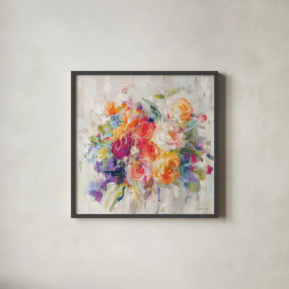 Sun Drenched Bouquet Autumn by Danhui Nai. Shown in a sleek black glass frame for a contemporary gallery look. Available as an archival giclee rolled canvas, fine art paper, or poster print. SKU 81937a.