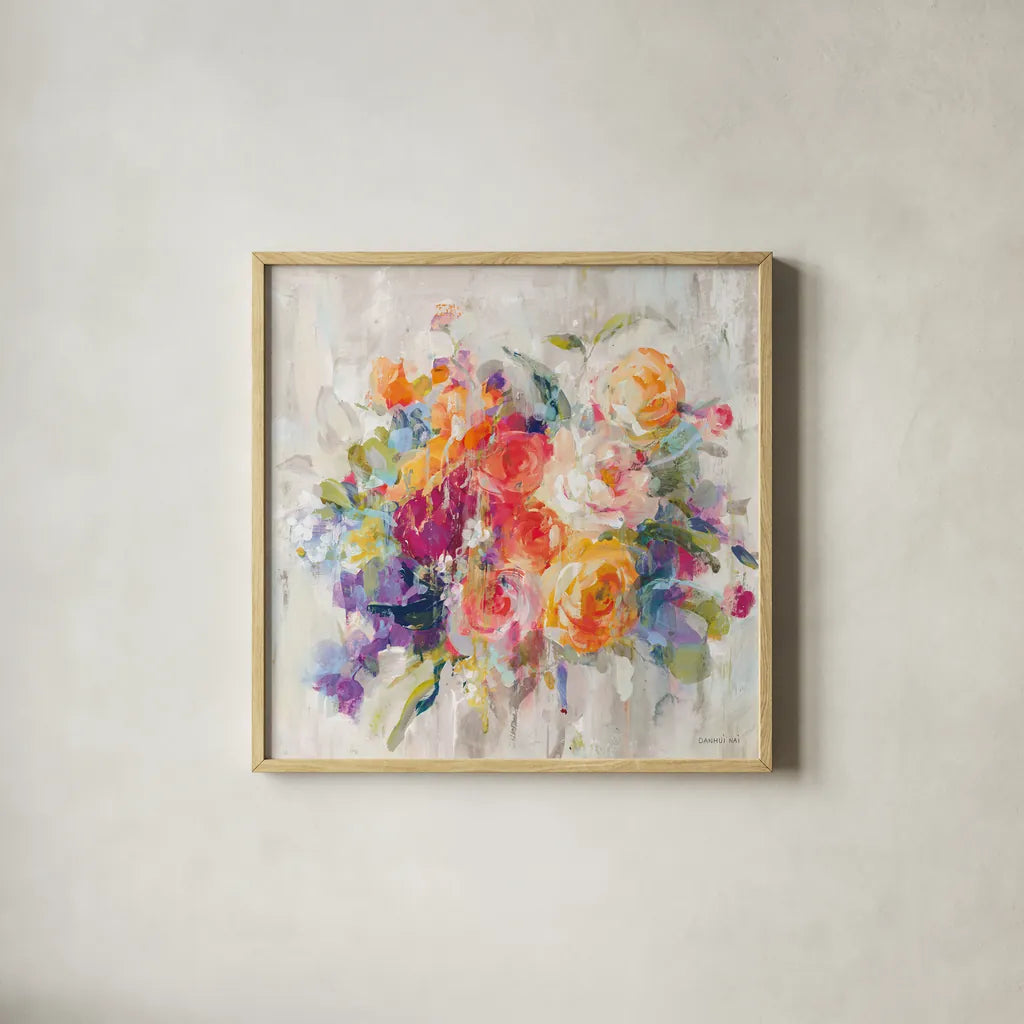 Sun Drenched Bouquet Autumn by Danhui Nai. Shown in a natural wood glass frame for a timeless modern aesthetic. Available as an archival giclee rolled canvas, fine art paper, or poster print. SKU 81937a.
