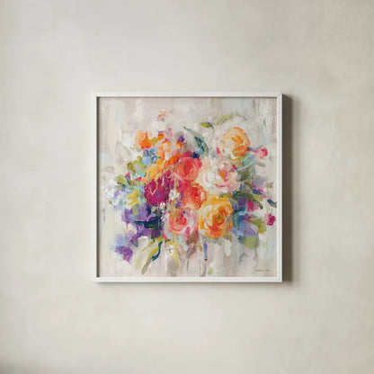 Sun Drenched Bouquet Autumn by Danhui Nai. Shown in a crisp white glass frame for a clean and minimalist style. Available as an archival giclee rolled canvas, fine art paper, or poster print. SKU 81937a.