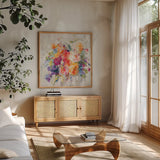 Sun Drenched Bouquet Autumn by Danhui Nai. Shown in a natural wood frame in a cozy modern living room. Available as an archival giclee rolled canvas, fine art paper, or poster print. SKU 81937a.