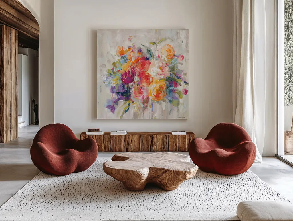 Sun Drenched Bouquet Autumn by Danhui Nai. Shown as extra-large giant wall art in a modern living room. Available as an archival giclee rolled canvas, fine art paper, or poster print. SKU 81937a.