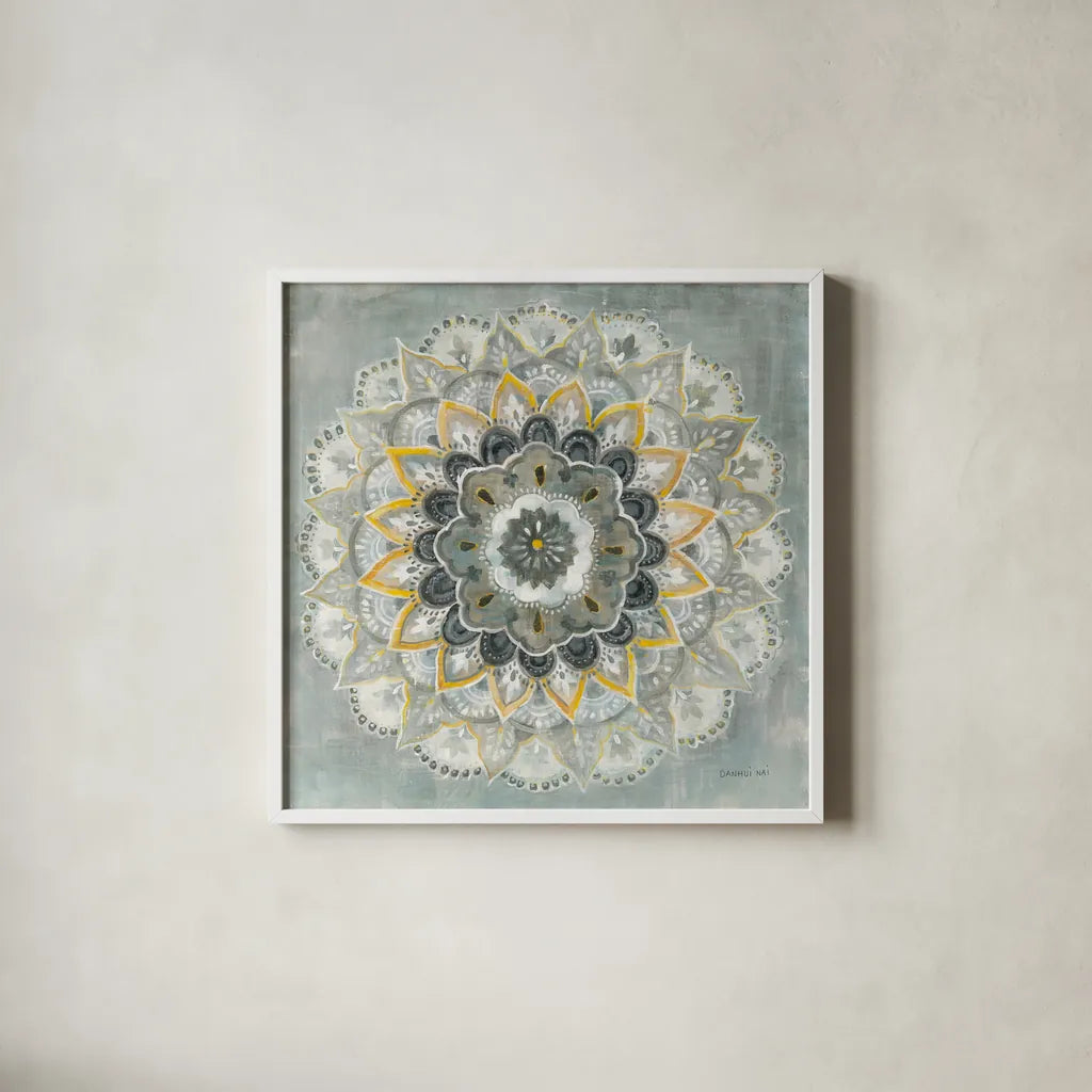 Sunburst by Danhui Nai. Shown in a crisp white glass frame for a clean and minimalist style. Available as an archival giclee rolled canvas, fine art paper, or poster print. SKU 42122a.