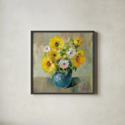 Sunflower Still Life I by Danhui Nai. Shown in a sleek black glass frame for a contemporary gallery look. Available as an archival giclee rolled canvas, fine art paper, or poster print. SKU 68646a.