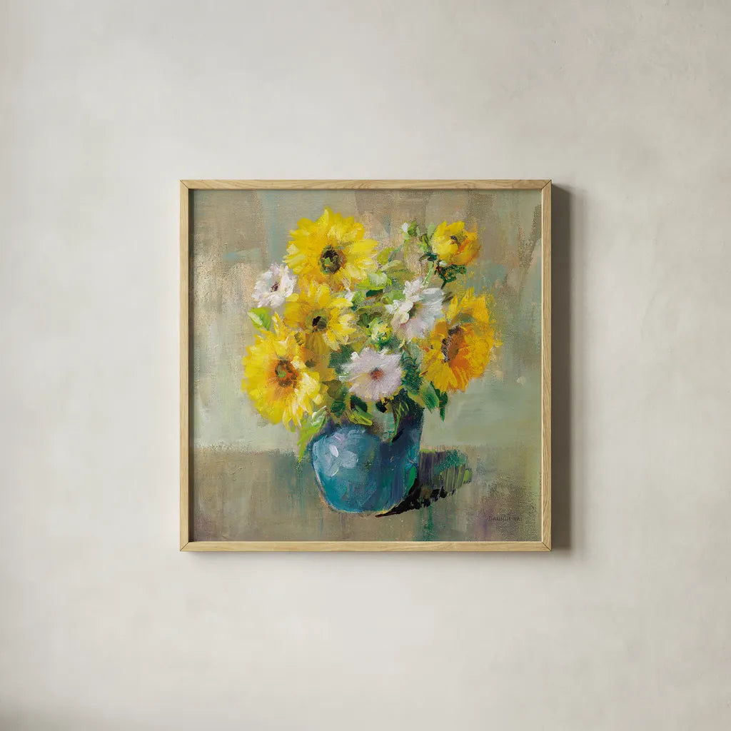 Sunflower Still Life I by Danhui Nai. Shown in a natural wood glass frame for a timeless modern aesthetic. Available as an archival giclee rolled canvas, fine art paper, or poster print. SKU 68646a.