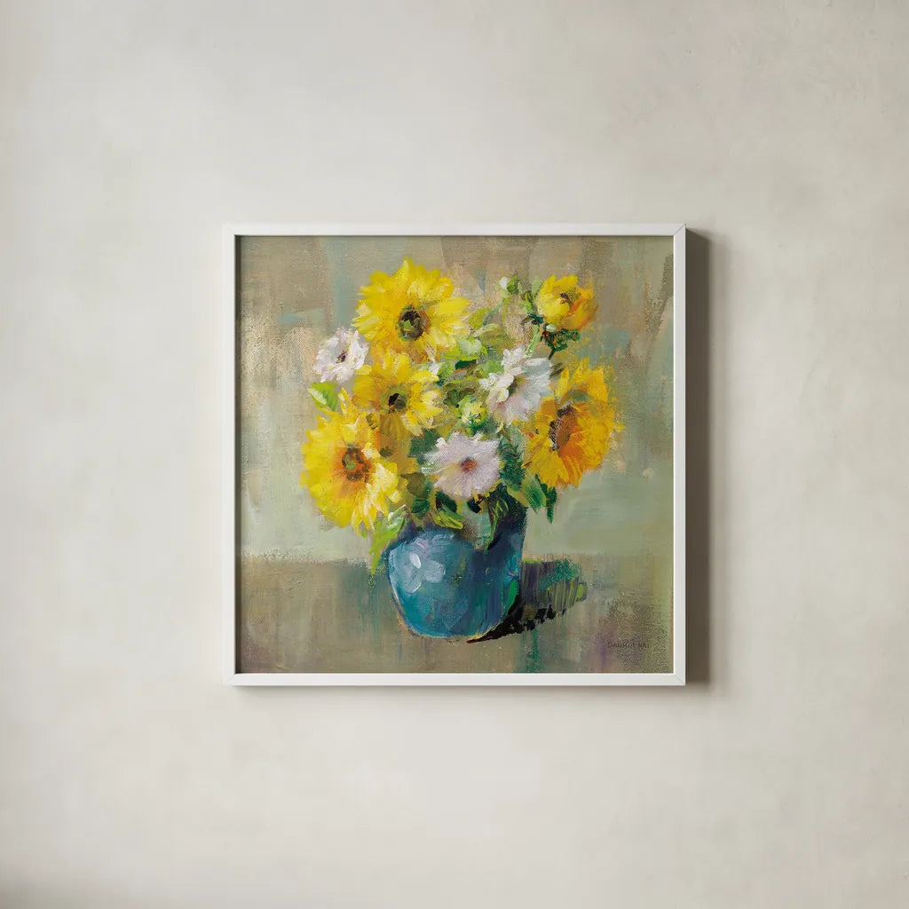 Sunflower Still Life I by Danhui Nai. Shown in a crisp white glass frame for a clean and minimalist style. Available as an archival giclee rolled canvas, fine art paper, or poster print. SKU 68646a.