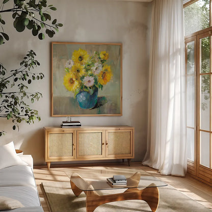 Sunflower Still Life I by Danhui Nai. Shown in a natural wood frame in a cozy modern living room. Available as an archival giclee rolled canvas, fine art paper, or poster print. SKU 68646a.