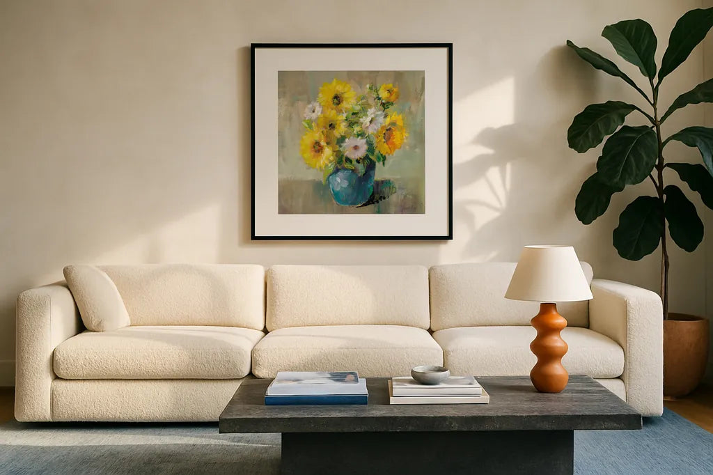 Sunflower Still Life I by Danhui Nai. Displayed in a glass frame with matte in a clean modern living room. Available as an archival giclee rolled canvas, fine art paper, or poster print. SKU 68646a.