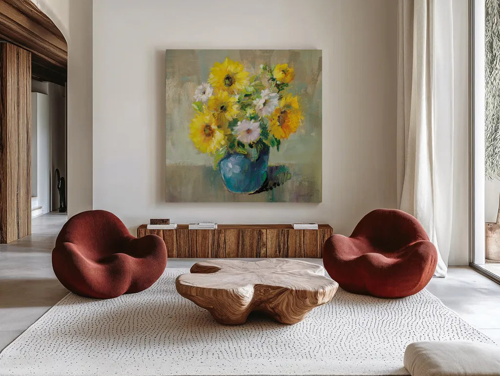 Sunflower Still Life I by Danhui Nai. Shown as extra-large giant wall art in a modern living room. Available as an archival giclee rolled canvas, fine art paper, or poster print. SKU 68646a.