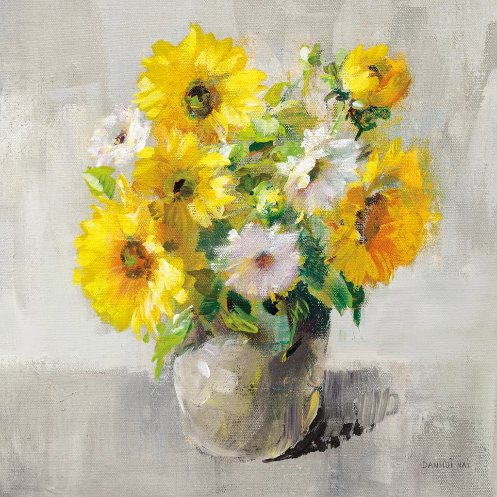Sunflower Still Life I on Gray by Danhui Nai. SKU 69007a. Archival Giclee Fine art print for wall decor.