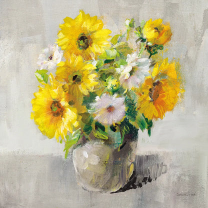 Sunflower Still Life I on Gray by Danhui Nai. SKU 69007a. Archival Giclee Fine art print for wall decor.