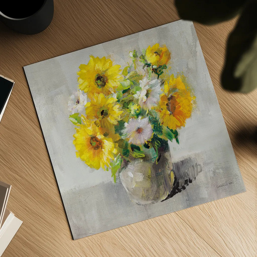 Sunflower Still Life I on Gray by Danhui Nai. Shown as a detailed flat fine art print, highlighting archival giclee quality. Available as an archival giclee rolled canvas, fine art paper, or poster print. SKU 69007a.