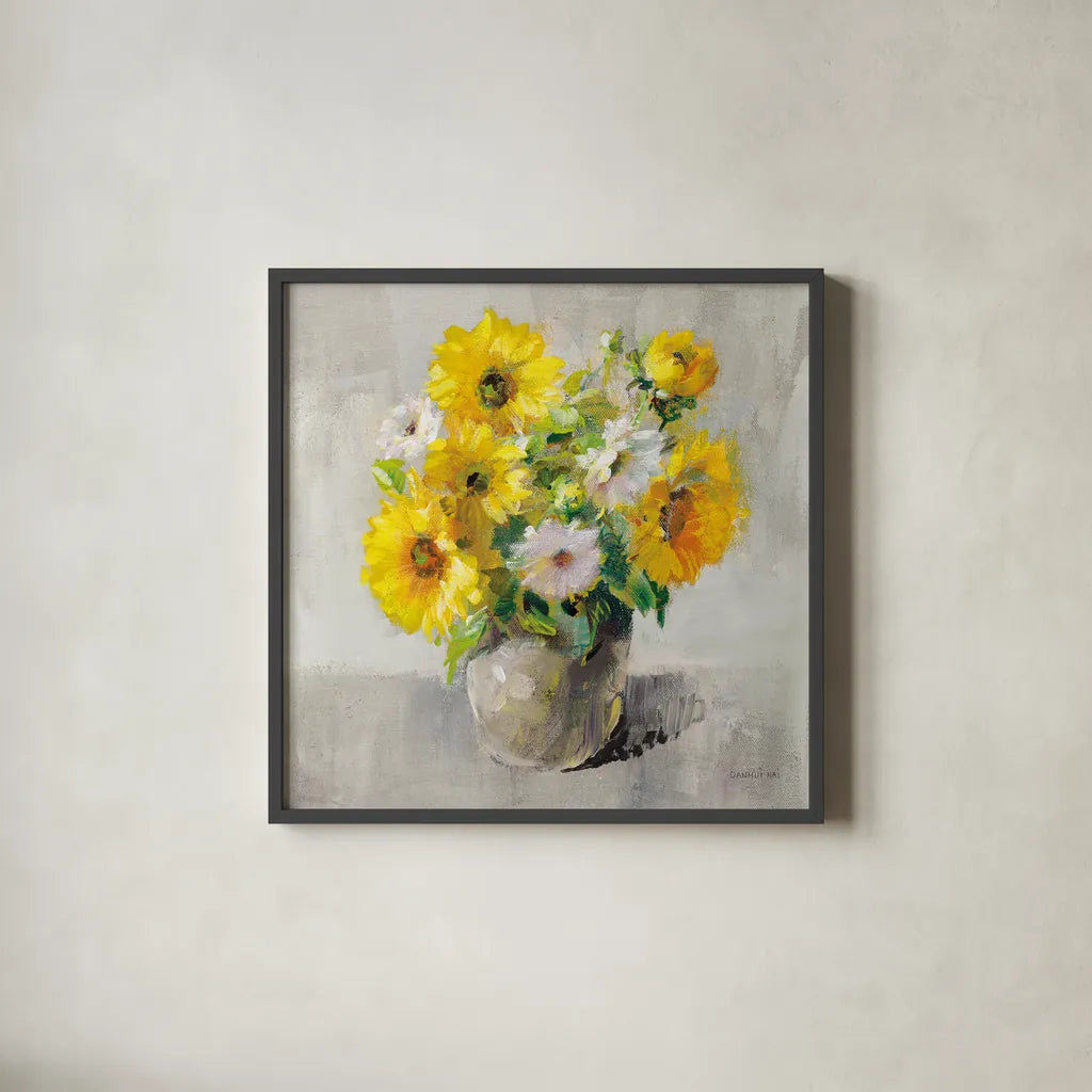 Sunflower Still Life I on Gray by Danhui Nai. Shown in a sleek black glass frame for a contemporary gallery look. Available as an archival giclee rolled canvas, fine art paper, or poster print. SKU 69007a.