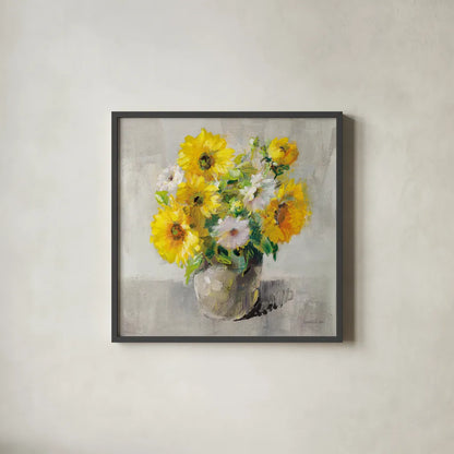Sunflower Still Life I on Gray by Danhui Nai. Shown in a sleek black glass frame for a contemporary gallery look. Available as an archival giclee rolled canvas, fine art paper, or poster print. SKU 69007a.