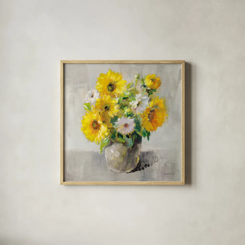 Sunflower Still Life I on Gray by Danhui Nai. Shown in a natural wood glass frame for a timeless modern aesthetic. Available as an archival giclee rolled canvas, fine art paper, or poster print. SKU 69007a.