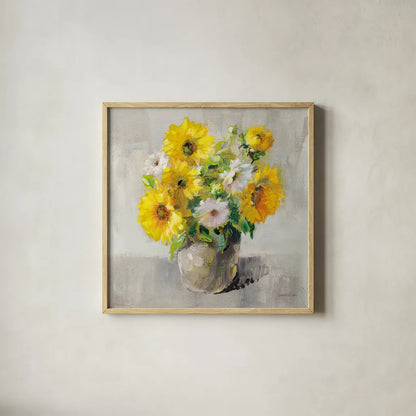 Sunflower Still Life I on Gray by Danhui Nai. Shown in a natural wood glass frame for a timeless modern aesthetic. Available as an archival giclee rolled canvas, fine art paper, or poster print. SKU 69007a.