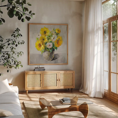 Sunflower Still Life I on Gray by Danhui Nai. Shown in a natural wood frame in a cozy modern living room. Available as an archival giclee rolled canvas, fine art paper, or poster print. SKU 69007a.